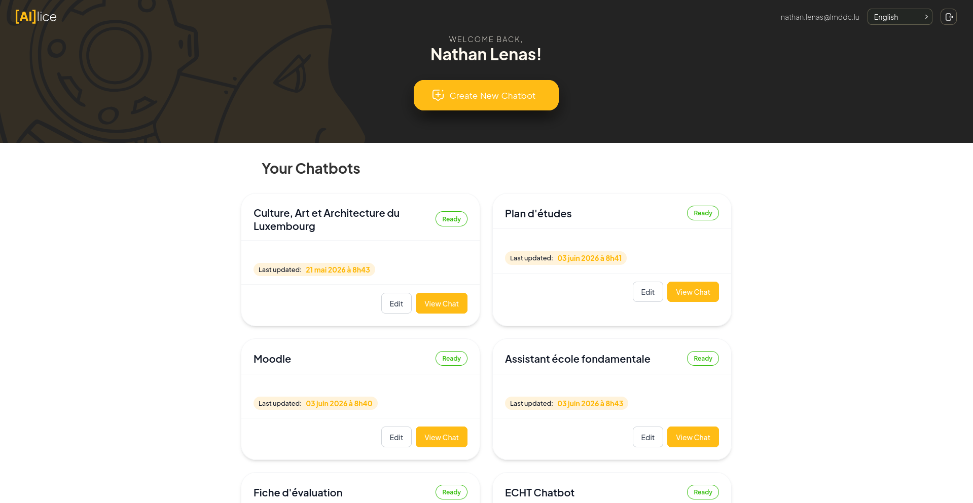 Educator dashboard listing chatbots